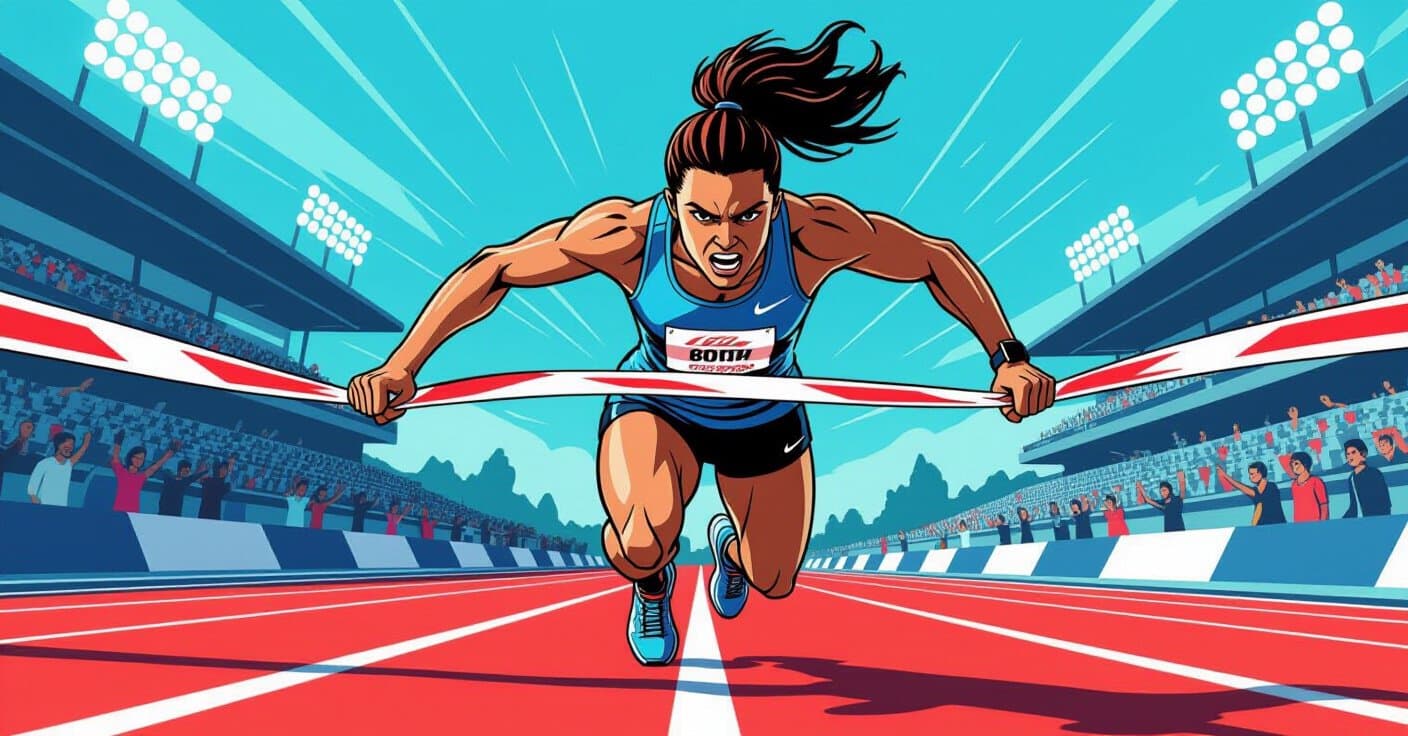 フィニッシュライン写真フォーム：完璧なウォーキング＆ランニングの前傾姿勢で強いフィニシャーに